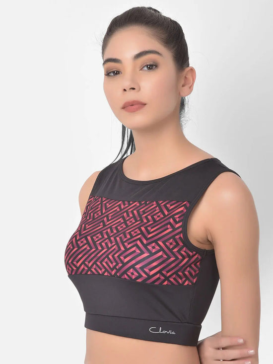 Clovia Comfort-Fit Geometric Print Active Crop Top in Black