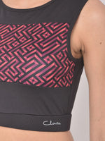 Clovia Comfort-Fit Geometric Print Active Crop Top in Black