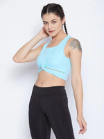 Clovia Snug Fit Active Crop Top with Twist Knot in Sky Blue