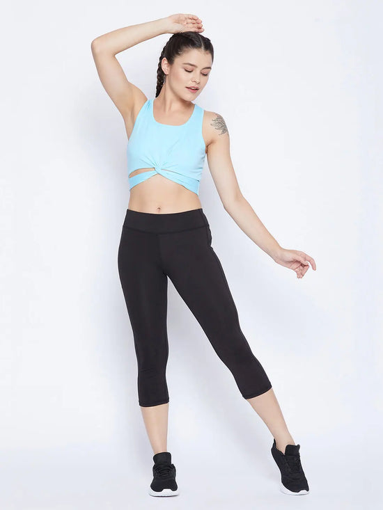 Clovia Snug Fit Active Crop Top with Twist Knot in Sky Blue