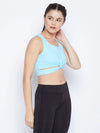 Clovia Snug Fit Active Crop Top with Twist Knot in Sky Blue