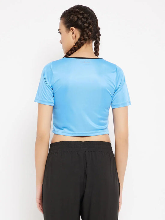 Clovia Comfort-Fit Active Cropped T-shirt in Light Blue with Yoke Panel