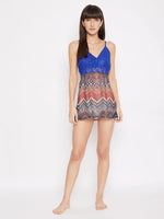 Clovia Print Me Pretty Babydoll in Blue - Lace & Georgette