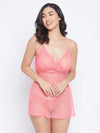 Clovia Self-Patterned Sheer Babydoll in Light Pink with Matching Thong - Mesh