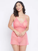 Clovia Self-Patterned Sheer Babydoll in Light Pink with Matching Thong - Mesh