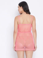 Clovia Self-Patterned Sheer Babydoll in Light Pink with Matching Thong - Mesh