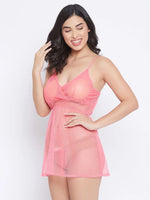 Clovia Self-Patterned Sheer Babydoll in Light Pink with Matching Thong - Mesh