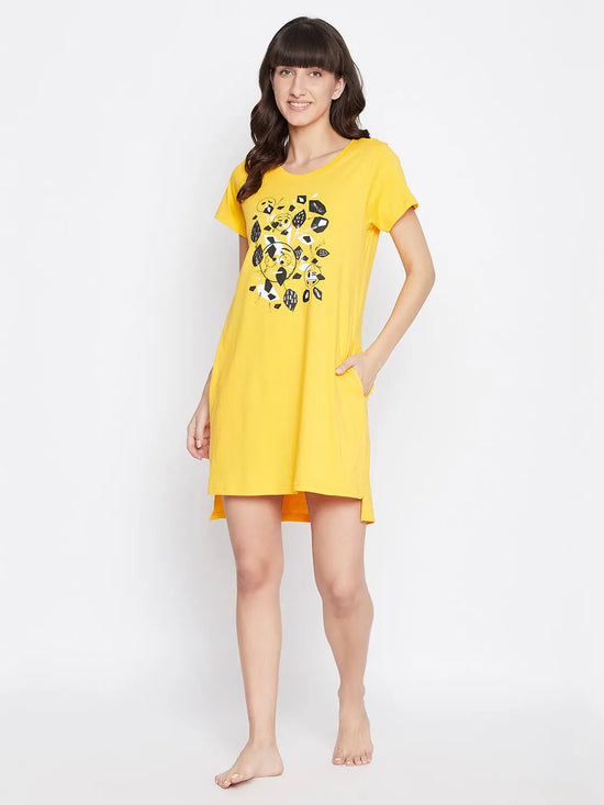 Clovia Emoji Print Short Night Dress in Yellow - 100% Cotton