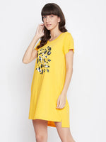 Clovia Emoji Print Short Night Dress in Yellow - 100% Cotton