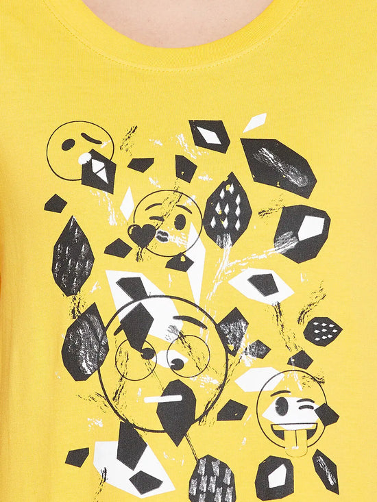 Clovia Emoji Print Short Night Dress in Yellow - 100% Cotton