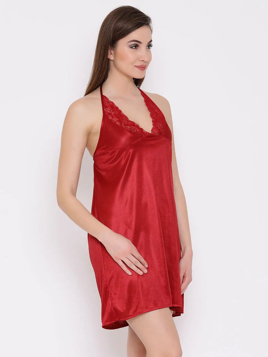 Clovia Chic Basic Halter Neck Babydoll in Maroon - Satin