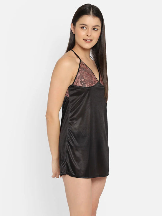 Clovia Satin Babydoll with Lacy Cups & Stylised Back In Black