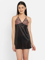 Clovia Satin Babydoll with Lacy Cups & Stylised Back In Black