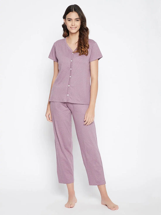 Clovia Polka Print Button Me Up Top & Pyjama Set in Mauve - 100% Cotton