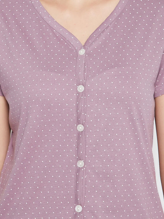 Clovia Polka Print Button Me Up Top & Pyjama Set in Mauve - 100% Cotton