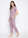 Clovia Polka Print Button Me Up Top & Pyjama Set in Mauve - 100% Cotton