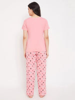 Clovia Butterfly Print Top & Pyjama in Peach Pink - 100% Cotton