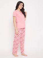 Clovia Butterfly Print Top & Pyjama in Peach Pink - 100% Cotton