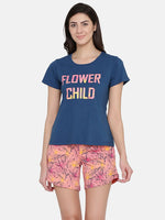 Clovia Pretty Florals Top & Shorts Set in Navy & Peach - Cotton Rich