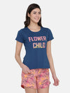 Clovia Pretty Florals Top & Shorts Set in Navy & Peach - Cotton Rich