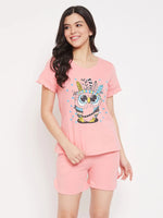 Clovia Owl Print Top & Shorts Set in Peach Pink - Cotton Rich