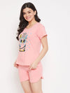 Clovia Owl Print Top & Shorts Set in Peach Pink - Cotton Rich