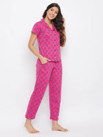 Clovia Owl Print Button Me Up Shirt & Pyjama Set in Magenta - Cotton Rich