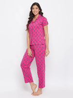 Clovia Owl Print Button Me Up Shirt & Pyjama Set in Magenta - Cotton Rich