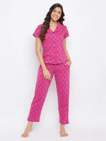 Clovia Owl Print Button Me Up Shirt & Pyjama Set in Magenta - Cotton Rich