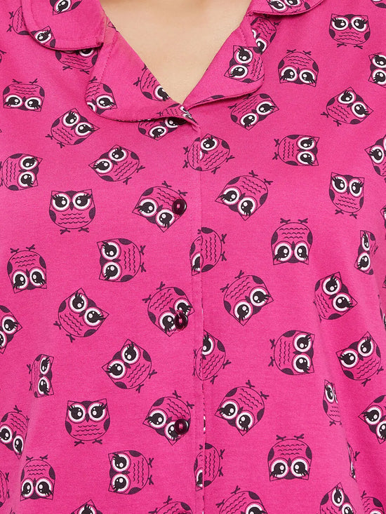 Clovia Owl Print Button Me Up Shirt & Pyjama Set in Magenta - Cotton Rich