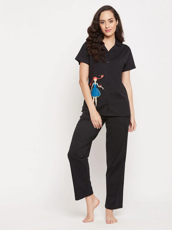 Clovia Cancer Print Button Me Up Shirt & Pyjama Set in Black - 100% Cotton