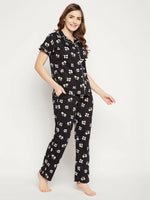 Clovia Pretty Florals Button Me Up Shirt & Pyjama Set in Black - 100% Cotton