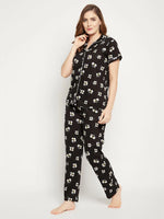 Clovia Pretty Florals Button Me Up Shirt & Pyjama Set in Black - 100% Cotton