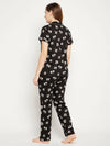 Clovia Pretty Florals Button Me Up Shirt & Pyjama Set in Black - 100% Cotton