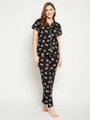 Clovia Pretty Florals Button Me Up Shirt & Pyjama Set in Black - 100% Cotton