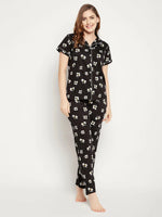 Clovia Pretty Florals Button Me Up Shirt & Pyjama Set in Black - 100% Cotton