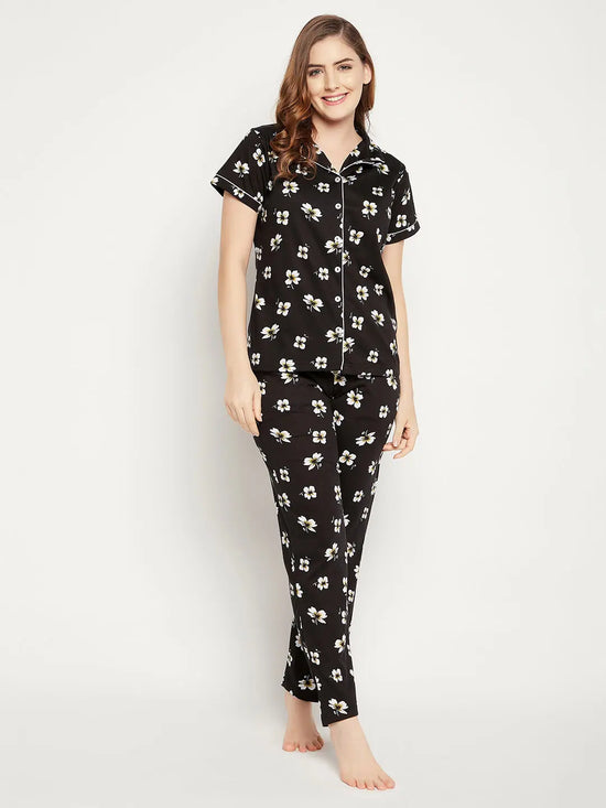 Clovia Pretty Florals Button Me Up Shirt & Pyjama Set in Black - 100% Cotton