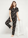 Clovia Pretty Florals Button Me Up Shirt & Pyjama Set in Black - 100% Cotton