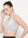 Clovia Medium Impact Padded Non-Wired Printed Sports Bra in Grey