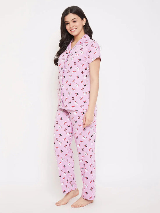 Clovia Butterfly Button Me Up Shirt & Pyjama in Lilac - 100% Cotton