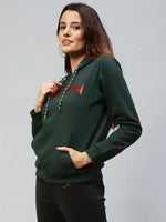 Rigo Women Bottle Green Foil Print Hooded Sweatshirt