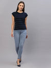 Rigo Women Navy Blue Stripes Round Neck Top