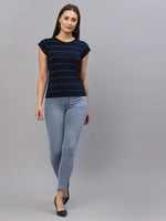 Rigo Women Navy Blue Stripes Round Neck Top