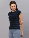 Rigo Women Navy Blue Stripes Round Neck Top