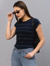 Rigo Women Navy Blue Stripes Round Neck Top