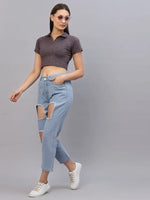 Rigo Women Maroon Self Texture Collared Crop Top