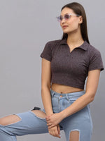 Rigo Women Maroon Self Texture Collared Crop Top