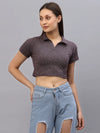 Rigo Women Maroon Self Texture Collared Crop Top