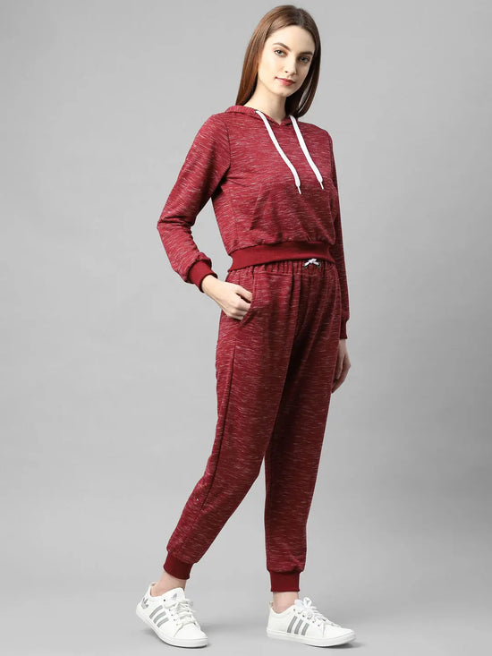 Rigo Women Maroon Self Texture Hooded Fleece Track Suit