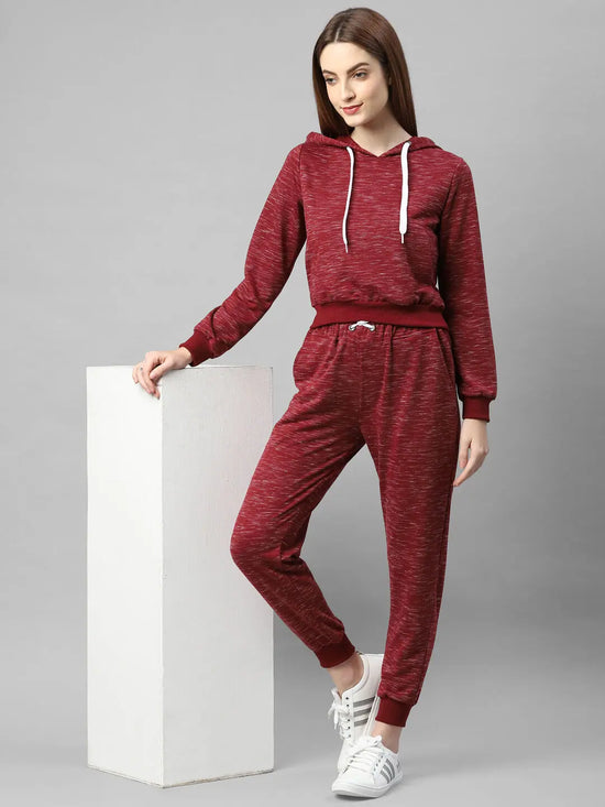 Rigo Women Maroon Self Texture Hooded Fleece Track Suit